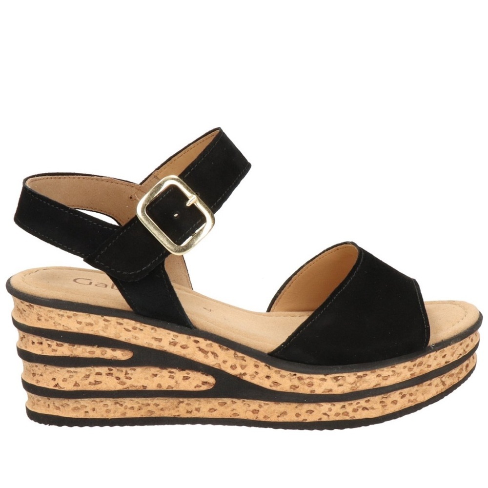 Gabor Black Wedge Sandals suede leather ankle strap Velcro 4 / US size 6.5